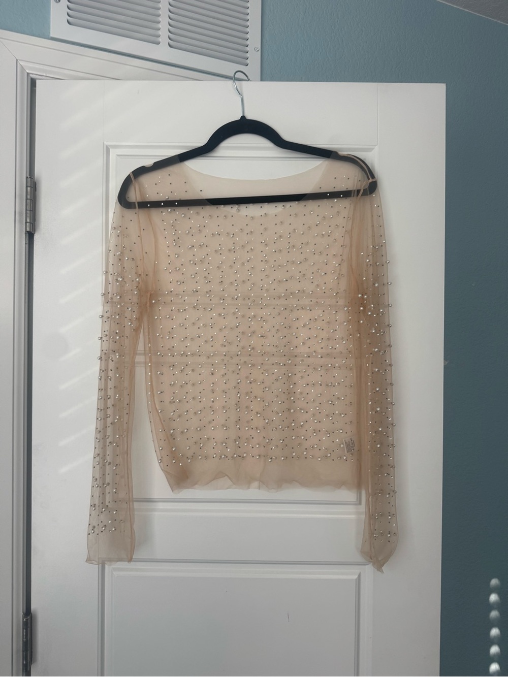 Sheer Nude Beaded Long-Sleeve